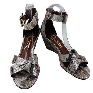Rowen Leather Snake Print Nude Champagne Metallic Wedge Sandals Women's 7.5